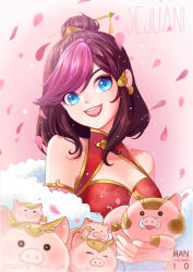 Rule 34 | 1girl, absurdres, china dress, chinese clothes, dress, firecracker sejuani, highres, league of legends, lipstick, makeup, pig, purple hair, sejuani, short hair