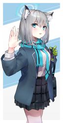 Rule 34 | 1girl, :d, absurdres, animal ears, aqua eyes, bad id, bad pixiv id, bag, blue archive, catumi (ta938 ka23), commentary request, eyes visible through hair, gloves, hair ornament, halo, head tilt, highres, looking at viewer, necktie, open mouth, plaid, plaid skirt, pleated skirt, scarf, school bag, school uniform, shiroko (blue archive), short hair, shoulder bag, sidelocks, silver hair, simple background, single glove, skirt, smile, solo, two-tone background, waving, wolf ears, x hair ornament