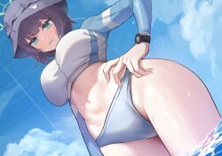 Rule 34 | 1girl, absurdres, aqua eyes, bikini, bikini bottom only, black hair, blue archive, blue bikini, blue sky, blush, breasts, bucket hat, cloud, commentary request, cowboy shot, emil (386), gluteal fold, green halo, groin, halo, hand on own hip, hat, highres, jacket, large breasts, long sleeves, looking at viewer, navel, official alternate costume, open mouth, outdoors, partial commentary, raglan sleeves, rash guard, saki (blue archive), saki (swimsuit) (blue archive), short hair, sky, solo, standing, stomach, swimsuit, thighs, wading, water, wet