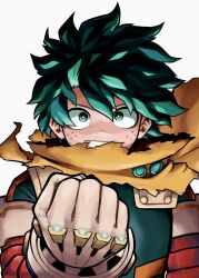 Rule 34 | 1boy, absurdres, black outline, bodysuit, boku no hero academia, bright pupils, cape, clenched hand, commentary, cross-eyed, floating cape, floating hair, foreshortening, freckles, gloves, green bodysuit, green eyes, green hair, grin, hair between eyes, hand up, happy, highres, hiro illust11, horikoshi kouhei (style), light particles, looking at viewer, male focus, midoriya izuku, official alternate costume, official style, outline, short hair, simple background, smile, solo, spoilers, straight-on, torn cape, torn clothes, two-tone bodysuit, upper body, v-shaped eyebrows, white background, white pupils, wind, yellow cape