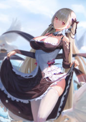 Rule 34 | 1girl, azur lane, bare shoulders, between breasts, black dress, breasts, cleavage, clothes lift, detached collar, dress, earrings, formidable (azur lane), frilled dress, frills, garter straps, hair ribbon, highres, jewelry, large breasts, long hair, neckwear between breasts, platinum blonde hair, ribbon, sansan (dongfangzhong111), skirt, skirt lift, standing, thighhighs, twintails, two-tone dress, two-tone ribbon, very long hair, white thighhighs