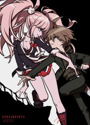 Rule 34 | 1boy, 1girl, ahoge, artist name, bear hair ornament, black footwear, black jacket, black pants, blue eyes, boots, bow, bra, breasts, buttons, choker, cleavage, clenched hand, collarbone, collared shirt, copyright name, cross-laced footwear, danganronpa: trigger happy havoc, danganronpa (series), enoshima junko, eye contact, feet out of frame, foot up, green eyes, green hoodie, hair ornament, highres, hood, hood down, hoodie, jacket, leg up, long hair, long sleeves, looking at another, miniskirt, naegi makoto, nail polish, necktie, outstretched arm, pants, pink hair, red bow, red footwear, red nails, red skirt, sameyama jiro, school uniform, serious, shirt, shoes, short hair, sideways mouth, skirt, smile, sneakers, twintails, underwear, white neckwear, zipper pull tab