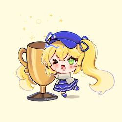 Rule 34 | &gt; &lt;, 1girl, blonde hair, blue dress, blue hat, blue ribbon, blush, chibi, commentary, dokibird (vtuber), dress, full body, green eyes, grey jacket, hat, hat ribbon, highres, indie virtual youtuber, jacket, long hair, looking at viewer, one eye closed, open mouth, ribbon, shibedraws, simple background, smile, solo, standing, standing on one leg, symbol-only commentary, trophy, twintails, twitter username, very long hair, virtual youtuber, watermark, white background