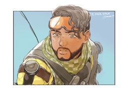 Rule 34 | 1boy, apex legends, bishoujo senshi sailor moon, blue background, bodysuit, border, brown eyes, brown hair, checkered clothes, checkered scarf, dated, derivative work, facial hair, goatee, goggles, goggles on head, green scarf, highres, male focus, meme, mirage (apex legends), mudu, parted lips, portrait, sailor moon redraw challenge (meme), scar, scar across eye, scarf, screenshot redraw, solo, twitter username, white border, yellow bodysuit