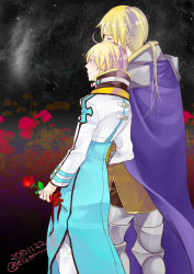 Rule 34 | 2boys, arch bishop (ragnarok online), armor, armored boots, blonde hair, blue cape, blue coat, boots, breastplate, cape, closed eyes, closed mouth, coat, commentary request, cowboy shot, dated, eizennn, flower, holding, holding flower, leaning on person, leg armor, locked arms, long sleeves, looking afar, multicolored coat, multiple boys, paladin (ragnarok online), pants, ragnarok online, red flower, short hair, signature, sky, smile, standing, star (sky), starry sky, two-tone coat, white coat, white pants, yaoi