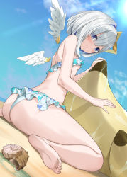 Rule 34 | 1girl, :&lt;, amane kanata, angel wings, ass, back, barefoot, beach, bikini, blue hair, blue sky, blush, bob cut, breasts, cloud, colored inner hair, commentary, crystal shoujo, detached wings, feathered wings, feathers, feet, foreshortening, frilled bikini, frills, from side, hair between eyes, halo, highres, hololive, inflatable toy, light rays, looking at viewer, looking back, looking down, mini wings, multicolored hair, outdoors, parted lips, perspective, purple eyes, seashell, shell, short hair, single hair intake, sitting, sky, small breasts, soles, solo, star halo, streaked hair, sunbeam, sunlight, swimsuit, two-tone hair, underboob, virtual youtuber, wariza, wedgie, wet, white bikini, white feathers, white hair, white wings, wings