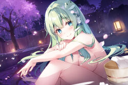 Rule 34 | 1girl, aqua eyes, blush, breasts, bucket, cherry blossoms, closed mouth, commentary request, completely nude, fence, frog hair ornament, green hair, hair ornament, hair tubes, kochiya sanae, lantern, long hair, looking at viewer, medium breasts, miyase mahiro, night, nude, onsen, outdoors, partially submerged, sideboob, sitting, smile, snake hair ornament, solo, touhou, towel, wooden fence