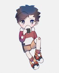 Rule 34 | 1boy, bad id, bad twitter id, bandaid, bandaid on knee, bandaid on leg, black hair, blush, blush stickers, commentary request, creatures (company), eating, ethan (pokemon), food, full body, game freak, grey background, hand up, highres, holding, holding food, jacket, long sleeves, looking at viewer, male focus, nintendo, onigiri, pokemon, pokemon gsc, red jacket, red socks, shoes, short hair, shorts, socks, solo, umekobushi, yellow shorts