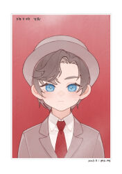 Rule 34 | 1boy, aged down, artem wing (tears of themis), black hair, blue eyes, blush, brown jacket, closed mouth, collared shirt, dated, jacket, littletreeee, looking at viewer, male focus, necktie, parted bangs, red background, red necktie, shirt, solo, sweat, tears of themis, thick eyebrows, upper body, white shirt