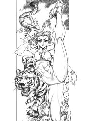 Rule 34 | 1girl, abs, absurdres, animal, bare shoulders, bodysuit, border, bracelet, capcom, chun-li, covered abs, dated, double bun, fingernails, grass, greyscale, gtolin chang, hair bun, hatching (texture), highres, jewelry, kicking, leg up, monochrome, mountain, open mouth, parted lips, shoes, signature, sneakers, split, sportswear, standing, standing on one leg, standing split, street fighter, tiger, tight clothes, toned, tree, white border