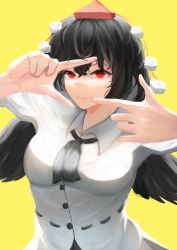 Rule 34 | 1girl, black hair, black neckwear, breasts, closed mouth, eyebrows hidden by hair, feathered wings, finger frame, hair between eyes, hat, highres, light smile, looking at viewer, pom pom (clothes), red eyes, shameimaru aya, shirt, simple background, solo, tokin hat, touhou, upper body, white shirt, wings, yellow background, yuhel