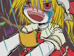 Rule 34 | 1girl, blonde hair, crazy smile, crying, crying with eyes open, dress, evil eyes, fangs, flandre scarlet, grabbing, hat, koishi komeiji&#039;s heart-throbbing adventure, mob cap, neckerchief, puffy short sleeves, puffy sleeves, red dress, red eyes, sentaku-bune, short sleeves, single wing, smile, tears, touhou, vampire, wings, yellow neckerchief
