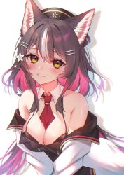 Rule 34 | animal ears, bare shoulders, beyo, black hat, blonde hair, blush, breasts, brown hair, chisaka airi, cleavage, collar, colored inner hair, detached collar, fang, flower, hair flower, hair ornament, hairpin, hat, highres, jacket, jacket partially removed, long hair, medium breasts, multicolored hair, multiple hairpins, necktie, phase connect, pink hair, red necktie, simple background, skin fang, split ponytail, streaked hair, two-tone hair, upper body, virtual youtuber, white background, white hair, white jacket, wolf ears, wolf girl