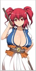 Rule 34 | 1girl, breasts, center opening, cleavage, closed mouth, collarbone, curvy, diisuke, dress, hair bobbles, hair ornament, hand on own hip, large breasts, looking at viewer, obi, onozuka komachi, puffy short sleeves, puffy sleeves, red eyes, red hair, sash, short hair, short sleeves, simple background, smile, solo, straight-on, tachi-e, touhou, twintails, two side up, white background