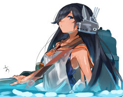Rule 34 | 1girl, black hair, blue eyes, blue one-piece swimsuit, dark-skinned female, dark skin, headgear, highres, i-400 (kancolle), kantai collection, long hair, looking at viewer, machinery, one-piece swimsuit, orange sailor collar, sailor collar, sailor shirt, shirt, side-tie shirt, sleeveless, sleeveless shirt, solo, sunday aki, swimsuit, swimsuit under clothes, upper body, water, white shirt
