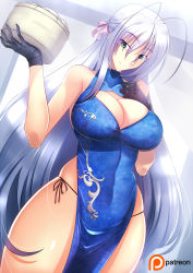 Rule 34 | 1girl, ahoge, antenna hair, bare shoulders, breasts, china dress, chinese clothes, cleavage, cleavage cutout, clothing cutout, dress, covered erect nipples, gloves, green eyes, haganef, hair ribbon, high school dxd, large breasts, long hair, looking at viewer, ribbon, rossweisse, skindentation, smile, solo, thick thighs, thighs, white hair