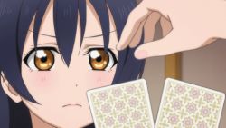 Rule 34 | 10s, 2girls, :d, animated, animated gif, blue hair, card, d:, glowing, glowing eyes, indoors, love live!, love live! school idol project, lowres, minami kotori, multiple girls, open mouth, poker face failure, portrait, screencap, smile, solo focus, sonoda umi, yellow eyes