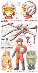 Rule 34 | 1girl, absurdres, animification, astromech droid, brown eyes, brown hair, english text, gonk droid, headset, helmet, highres, holding, holding helmet, id10 seeker droid, multiple views, nosh, open mouth, pilot suit, rebel alliance, rebel pilot, robot, science fiction, short hair, spacecraft, speech bubble, star wars, starfighter, t-65 x-wing, tinted eyewear, visor, x-wing, yellow-tinted eyewear