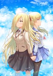 Rule 34 | :o, angel beats!, back-to-back, black skirt, black socks, blazer, blonde hair, blue sailor collar, blue skirt, blue sky, blush, breasts, brown eyes, brown jacket, character request, closed mouth, cloud, cloudy sky, collared shirt, commentary request, day, hair over one eye, highres, holding hands, interlocked fingers, jacket, kneehighs, looking away, medium breasts, nakamura hinato, neck ribbon, neckerchief, outdoors, pantyhose, parted lips, pink neckwear, pleated skirt, ribbon, sailor collar, school uniform, serafuku, shirt, skirt, sky, socks, twintails, white legwear, white shirt, yellow ribbon, yusa (angel beats!)