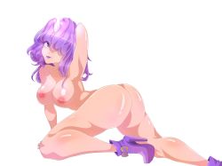 Rule 34 | 1girl, ass, bow shoes, breasts, dollachan, heels, highres, horn, lipstick, makeup, nude, purple eyes, purple hair, purple heels, purple lips, solo