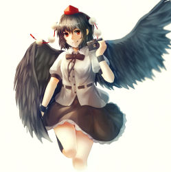 Rule 34 | 1girl, black bow, black hair, black skirt, bow, camera, feathered wings, hat, hou akira, looking at viewer, pom pom (clothes), puffy sleeves, red eyes, shameimaru aya, shirt, short hair, skirt, smile, solo, tokin hat, touhou, white background, white shirt, wings