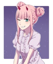 Rule 34 | 1girl, alternate hairstyle, bad id, bad twitter id, blue eyes, center frills, darling in the franxx, double bun, dress, frills, grin, hair bun, highres, horns, k 016002, long hair, looking at viewer, one eye closed, oni horns, pink hair, puffy short sleeves, puffy sleeves, red horns, short sleeves, sidelocks, smile, solo, star (symbol), starry background, white dress, zero two (darling in the franxx)