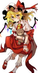 Rule 34 | 1girl, ascot, blonde hair, bow, commentary request, flandre scarlet, hat, hat bow, hat ribbon, highres, long hair, looking at viewer, manarou, mob cap, puffy short sleeves, puffy sleeves, red bow, red eyes, red ribbon, red skirt, ribbon, short sleeves, skirt, solo, stuffed animal, stuffed toy, teddy bear, touhou, white background, white legwear, wings, wrist cuffs