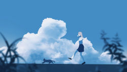 Rule 34 | 1girl, absurdres, black cat, blue sky, cat, cloud, highres, original, outdoors, outstretched arms, plant, pleated skirt, profile, scenery, shion 08, skirt, sky