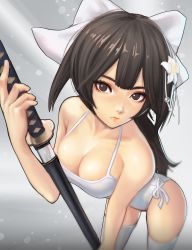 Rule 34 | 1girl, absurdres, azur lane, black eyes, black hair, breasts, cleavage, closed mouth, commentary request, flower, hair flower, hair ornament, hair ribbon, hat, highres, holding, holding sword, holding weapon, jungon kim, leaning forward, long hair, looking at viewer, medium breasts, original, ribbon, solo, standing, sword, takao (azur lane), takao (beach rhapsody) (azur lane), thighhighs, weapon, white hat, white thighhighs