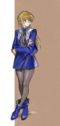 Rule 34 | 1girl, 203wolves, ankle boots, artist name, blonde hair, blue footwear, blue jacket, blue skirt, blush, boots, buttons, closed mouth, crossed arms, crossed legs, duel academy uniform (yu-gi-oh! gx), full body, highres, jacket, long hair, long sleeves, looking to the side, miniskirt, open clothes, open jacket, pantyhose, signature, simple background, skirt, solo, standing, tenjouin asuka, turtleneck, yellow eyes, yu-gi-oh!, yu-gi-oh! gx