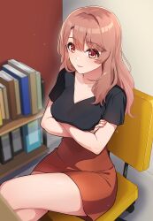 Rule 34 | 1girl, arms under breasts, black shirt, book, breasts, brown eyes, brown hair, chair, closed mouth, crossed arms, crossed legs, highres, indoors, kamille (vcx68), large breasts, light particles, long hair, looking at viewer, mature female, oshi no ko, pencil skirt, red skirt, saitou miyako, shelf, shirt, short sleeves, sitting, skirt, solo, thighs