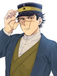 Rule 34 | 1boy, brown eyes, brown hair, expressionless, facial scar, golden kamuy, hand up, hat, highres, kepi, looking at viewer, male focus, military hat, ri (ri kaos21), scar, scar on cheek, scar on face, scar on mouth, scar on nose, short hair, solo, sugimoto saichi, upper body