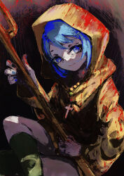 1girl absurdres blood blood_on_clothes blue_eyes blue_hair blue_nails boots cane closed_mouth cross cross_necklace highres hood hood_up jewelry jubilee_2025 kitsune_yo luce_(jubilee_2025) necklace rosary rubber_boots solo yellow_raincoat