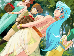 Rule 34 | 1980s (style), 1boy, 3girls, apple, ass, bare shoulders, basket, blue eyes, blue hair, bracelet, breasts, circlet, collar, dress, dutch angle, earrings, eon, flare (lyon densetsu flare), food, forest, fruit, green dress, green hair, jewelry, large breasts, lento (glamour works), lipstick, long hair, looking at viewer, looking back, lyon densetsu flare, makeup, multiple girls, nature, no bra, no panties, oldschool, outdoors, panties, pink lips, purple eyes, retro artstyle, see-through, tree, tunic, underwear, very long hair, wristband, yellow dress, yellow panties