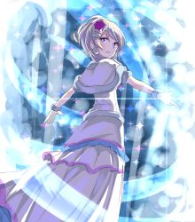 Rule 34 | 10s, 1girl, adapted costume, ayase eli, blonde hair, blue eyes, bracelet, capelet, earrings, flower, frozen (disney), glowing, glowing hand, hair flower, hair ornament, highres, jewelry, long skirt, looking at viewer, looking back, love live!, love live! school idol project, outstretched arms, ponytail, shipii (jigglypuff), skirt, solo, sparkle, spread arms, standing