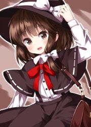 Rule 34 | 1girl, bag, black capelet, black headwear, black skirt, bow, bowtie, brown background, brown bag, brown eyes, brown hair, buttons, capelet, collared shirt, cowboy shot, eyelashes, fedora, hair bow, hand on headwear, happy, hat, hat bow, highres, long sleeves, looking at viewer, medium hair, one-hour drawing challenge, open mouth, red bow, red bowtie, ribbon-trimmed capelet, ruu (tksymkw), shirt, shoulder bag, skirt, suspenders, touhou, usami renko, white bow, white shirt