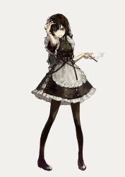 Rule 34 | 1girl, absurdres, angry, apron, blue eyes, brown hair, cigarette, corset, dress, frilled dress, frills, highres, holding, holding cigarette, holding hair, leather belt, leather skirt, long hair, maid apron, original, pantyhose, shoes, smoke, solo, white background, yoon cook