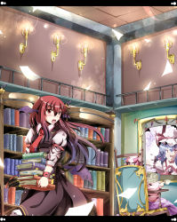 Rule 34 | 3girls, arm garter, armband, bad anatomy, bat wings, black dress, blue hair, blush, book, bookshelf, candle, candlestand, carrying, chair, cup, drawing (object), dress, embodiment of scarlet devil, female focus, floating, floating object, hat, head wings, highres, koakuma, library, magic, multiple girls, necktie, open book, open mouth, paper, patchouli knowledge, reading, red eyes, red hair, red necktie, remilia scarlet, shino (moment), shirt, sitting, skirt, teacup, touhou, voile, wings