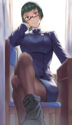 Rule 34 | 1girl, blue jacket, blunt bangs, boots, breasts, brown legwear, closed mouth, crossed legs, elbow rest, glasses, green hair, head rest, head tilt, highres, jacket, jujutsu kaisen, jujutsu tech uniform, large breasts, looking at viewer, mikame v2, ponytail, sitting, solo, yellow eyes, zenin maki