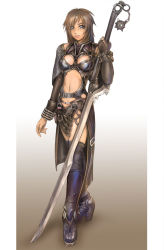 Rule 34 | 1girl, boots, brown hair, highres, kuratch, midriff, original, single glove, solo, strap, sword, thighhighs, weapon
