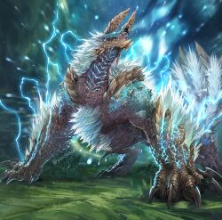 Rule 34 | blue eyes, blurry, blurry background, capcom, claws, depth of field, electricity, grass, horns, itou youichi, monster, monster hunter, monster hunter: world, monster hunter (series), no humans, official style, parody, sharp teeth, style parody, teeth, wolf, zinogre