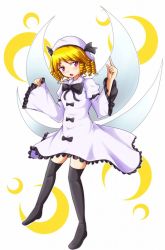 Rule 34 | 1girl, bad id, bad pixiv id, black thighhighs, blonde hair, bow, crescent, dress, drill hair, fairy wings, female focus, full body, hat, index finger raised, luna child, open mouth, pink eyes, short hair, solo, thighhighs, touhou, wings, yoshida tatsumi