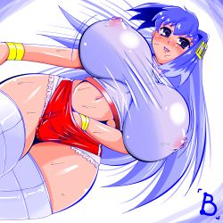 Rule 34 | 1girl, amano taiki, bad id, bad pixiv id, blue hair, blush, breasts, covered erect nipples, curvy, female masturbation, hand in panties, hip focus, huge breasts, masturbation, midriff, navel, nt-tan, os-tan, panties, see-through, shorts, skin tight, solo, sweat, thick thighs, thighhighs, thighs, underwear, wide hips