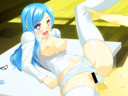 Rule 34 | + +, 10s, 1boy, 1girl, :3, arm support, bar censor, blue eyes, blue hair, blue panties, blush, breasts, breasts out, censored, clothing aside, condom, condom on penis, condom wrapper, doma taihei, unworn eyewear, garter belt, garter straps, glasses, hairband, hetero, himouto! umaru-chan, kakari, leg lift, long hair, lying, navel, nipples, on back, on table, open mouth, panties, panties aside, penis, sex, smile, symbol-shaped pupils, table, tachibana sylphynford, thighhighs, underwear, vaginal