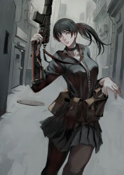 Rule 34 | 1girl, air conditioner, assault rifle, black hair, black skirt, choker, grey eyes, gun, gun sling, highres, jacket, jittsu, manhole cover, military, original, pantyhose, partially unzipped, ponytail, rifle, skirt, solo, tactical clothes, trigger discipline, weapon, weapon request