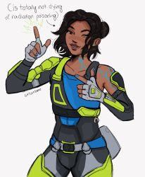 Rule 34 | 1girl, apex legends, artist name, black bodysuit, black hair, blue nails, blue shirt, bodysuit, brown eyes, collarbone, commentary, conduit (apex legends), detached sleeves, english commentary, english text, fingerless gloves, freckles, gloves, grey background, grey gloves, hair behind ear, hair bun, highres, looking up, one eye closed, parted lips, phoenix (gayviatorr), shirt, single detached sleeve, single hair bun, solo