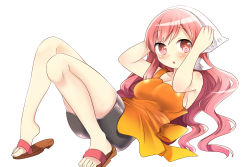 Rule 34 | 1girl, bare arms, bare legs, bare shoulders, bike shorts, blush, breasts, chestnut mouth, commentary request, eyebrows, long hair, looking at viewer, medium breasts, ochazuke, pink eyes, pink hair, rasis, sandals, shorts, sideboob, simple background, sitting, solo, sound voltex, sound voltex ii infinite infection, wavy hair, white background