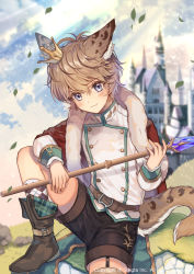 Rule 34 | :3, animal ears, argyle, argyle clothes, argyle legwear, asymmetrical legwear, bad id, bad pixiv id, belt, black shorts, blurry, blurry background, blush, brown footwear, castle, cat ears, crown, garter straps, grass, grey eyes, holding, holding wand, laurelfalcon, leaf, long sleeves, looking at viewer, male focus, monster boy, official art, outdoors, shorts, sid story, solo, tail, tilted headwear, uneven legwear, wand, watermark