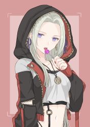 Rule 34 | 1girl, alternate costume, black jacket, border, breasts, candy, casual, collarbone, commentary request, crop top, earrings, edelgard von hresvelg, fire emblem, fire emblem: three houses, food, forehead, hair ribbon, highres, holding, holding food, hood, hood up, hooded jacket, jacket, jewelry, licking, lollipop, long hair, long sleeves, nail polish, navel, necklace, nintendo, o-ring, open clothes, open jacket, outside border, pink background, pink border, purple eyes, purple ribbon, red nails, ribbon, shimizu akina, small breasts, solo, tongue, tongue out, unzipped, upper body, white hair