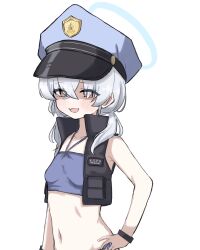 Rule 34 | 1girl, bikini, black vest, blue archive, blue bikini, blue halo, blue hat, blush, eyes visible through hair, fami miminmin, flat chest, grey hair, hair over eyes, halo, hat, highres, long hair, navel, open clothes, open mouth, open vest, peaked cap, simple background, smile, solo, swimsuit, upper body, valkyrie police academy student (blue archive), vest, white background, yellow eyes